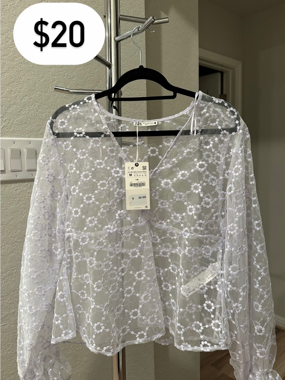 Zara White Floral Lace Sheer Swim Coverup